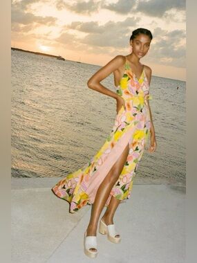 Hutch Sleeveless Pink & Yellow Geometric Wrap Maxi Dress